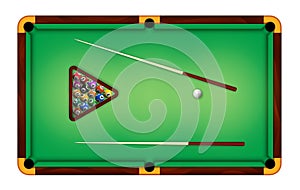 Billiard green table top view with balls and cue sticks. Realistic american pool game felt field for gamble sport