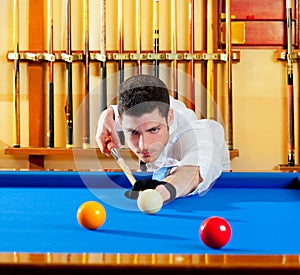 Billiard handsome young man with shirt cue and tie