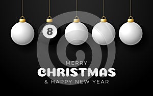 Billiard Merry Christmas and Happy New Year Sport greeting card. billiard pool eight ball as a Christmas ball on color background