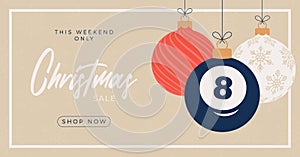 Billiard Merry Christmas sale horizontal banner. Christmas card with sport billiard eight ball hang on a thread on background.