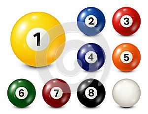 Billiard, pool balls with numbers collection. Realistic glossy snooker ball. White background. Vector illustration.