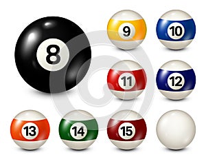 Billiard, pool balls with numbers collection. Realistic glossy snooker ball. White background. Vector illustration.