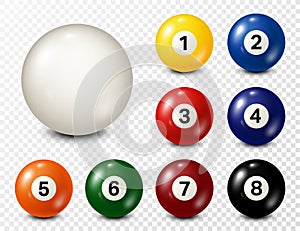 Billiard, pool balls with numbers collection. Realistic glossy snooker ball. White background. Vector illustration.