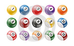 Billiard, pool balls with numbers collection. Realistic glossy snooker ball. White background. Vector illustration