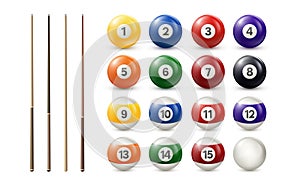 Billiard, pool balls with numbers and cues collection. Realistic glossy snooker, lottery ball isolated on white background. Vector