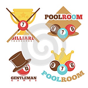 Billiard pool club poolroom vector labels templates set