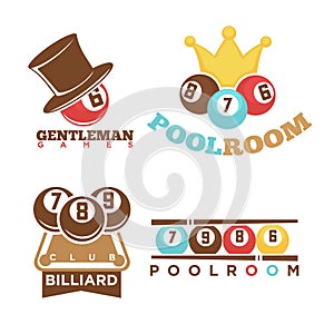 Billiard or pool club poolroom vector labels templates set