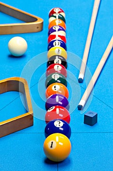 Billiard pool game balls lined up on billiard table