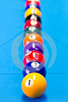 Billiard pool game balls lined up on billiard table