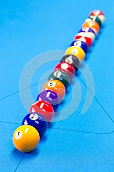 Billiard pool game balls lined up on billiard table