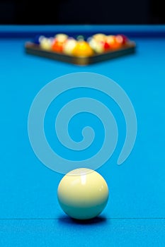 Billiard pool game eight ball setup on billiard table