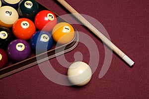Billiard pool table with cue stick triangle and balls