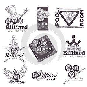 Billiard or poolroom vector logo retro sketch for championship c