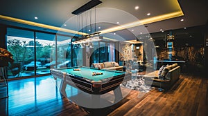 The Billiard room of a beautiful bright modern style house. AI Generated