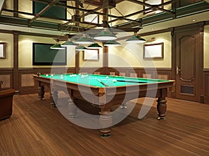 Billiard room in classical style with wooden decoration
