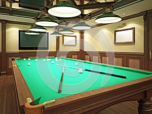 Billiard room in classical style with wooden decoration