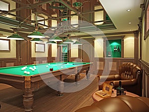 Billiard room in classical style with wooden decoration