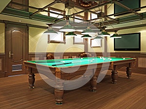 Billiard room in classical style with wooden decoration