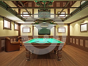 Billiard room in classical style with wooden decoration