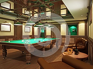 Billiard room in classical style with wooden decoration