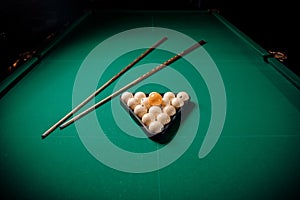 Billiard Russian green wood table and cue with white balls