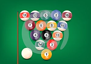 Billiard or snooker balls on green background table snooker color