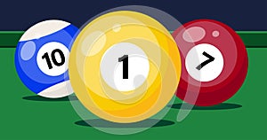 Billiard table with balls close up. Snooker or pool sport play, banner template. Vector illustration