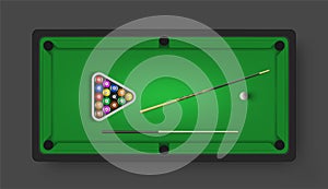 Billiard table with balls, cues, triangle rack in realistic style. Cuesports equipment.