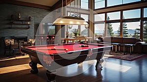 billiard table with balls in interior