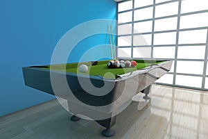 Billiard Table with Balls Set and Cue. 3d Rendering