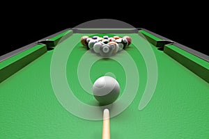 Billiard table with balls set and cues