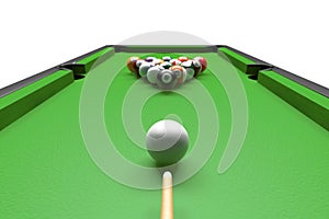 Billiard table with balls set and cues