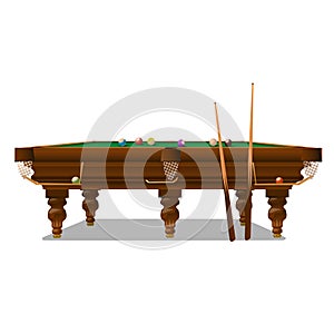 Billiard table with cues on a white background