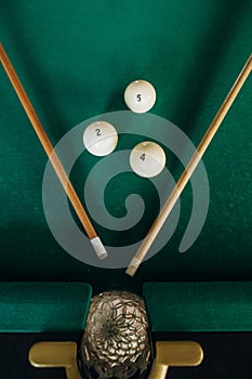 billiard table green velvet two cue balls