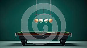 billiard table with lamp and green wall on background