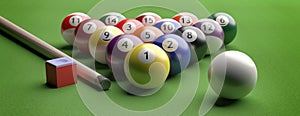 Billiard table, pool balls set on green felt. 3d illustration