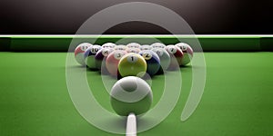 Billiard table, pool balls set on green felt. 3d illustration