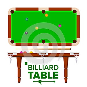 Billiard Table Vector. Top, Side View. Green Classic Pool, snooker Table. Isolated Flat Illustration photo