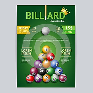 Billiard Tournament Poster Card Template. Vector