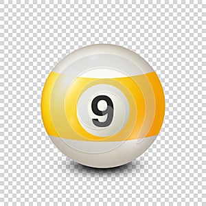 Billiard,yellow pool ball with number 9.Snooker. Transparent background.Vector illustration.