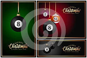 Billiards Balls Christmas greeting card - 8 ball - Pool Table Sport - luxury set on green red and black Background Vector illust