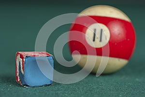 Billiards balls and cue on billiards table. Billiard sport concept. Chalk block on biliard table