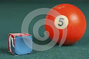 Billiards balls and cue on billiards table. Billiard sport concept. Chalk block on biliard table