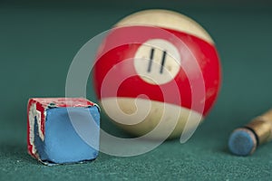 Billiards balls and cue on billiards table. Billiard sport concept. Chalk block on biliard table