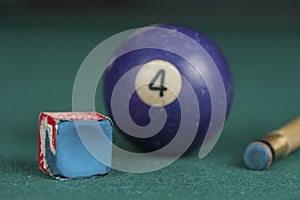 Billiards balls and cue on billiards table. Billiard sport concept. Chalk block on biliard table