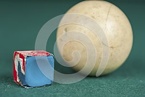 Billiards balls and cue on billiards table. Billiard sport concept. Chalk block on biliard table