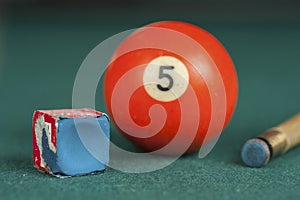 Billiards balls and cue on billiards table. Billiard sport concept. Chalk block on biliard table