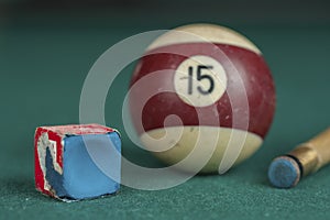 Billiards balls and cue on billiards table. Billiard sport concept. Chalk block on biliard table