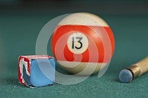 Billiards balls and cue on billiards table. Billiard sport concept. Chalk block on biliard table