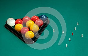 Billiards balls and pins on table